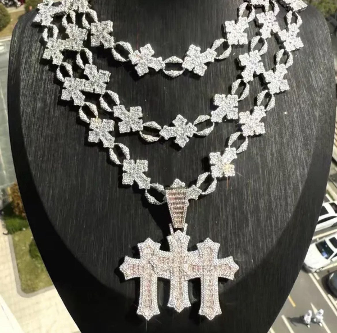 White Diamond Triple Layer Triple Cross Baguette With Mini Cross Chain