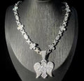 White Gold Triple Layer Baguette Cross With Angel Wings Under And Chain