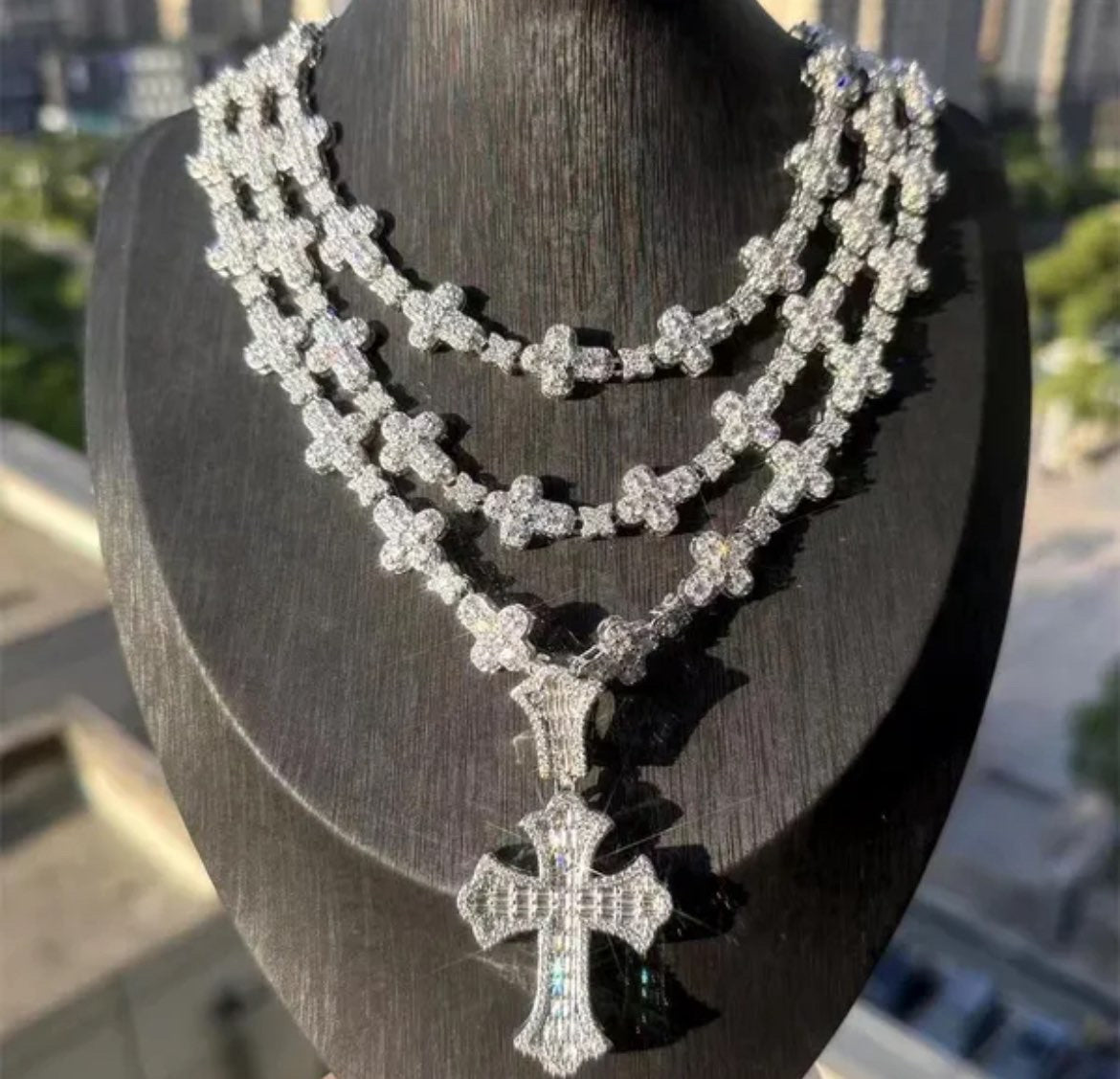 White Gold Baguette Cross With Layer And Mini Cross