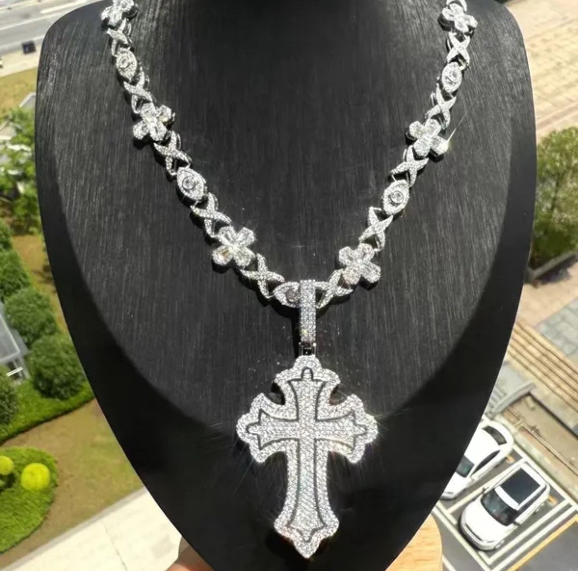 White Gold Diamond Multilayer Cross With Cross Chain