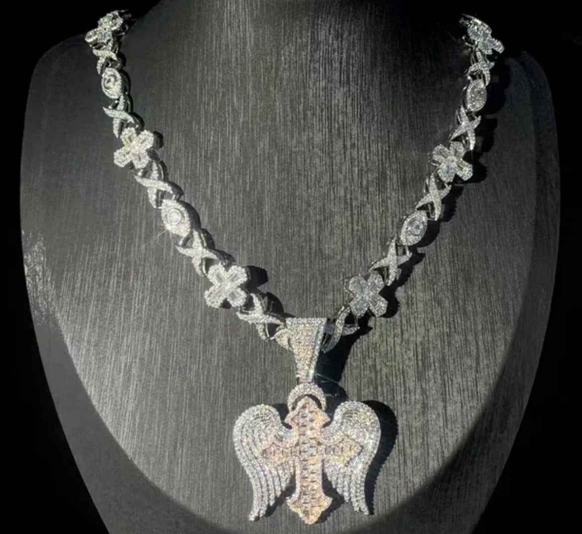 (White Gold Bottom Wing Layer) Gold Diamond Baguette Cross With White Gold Chain