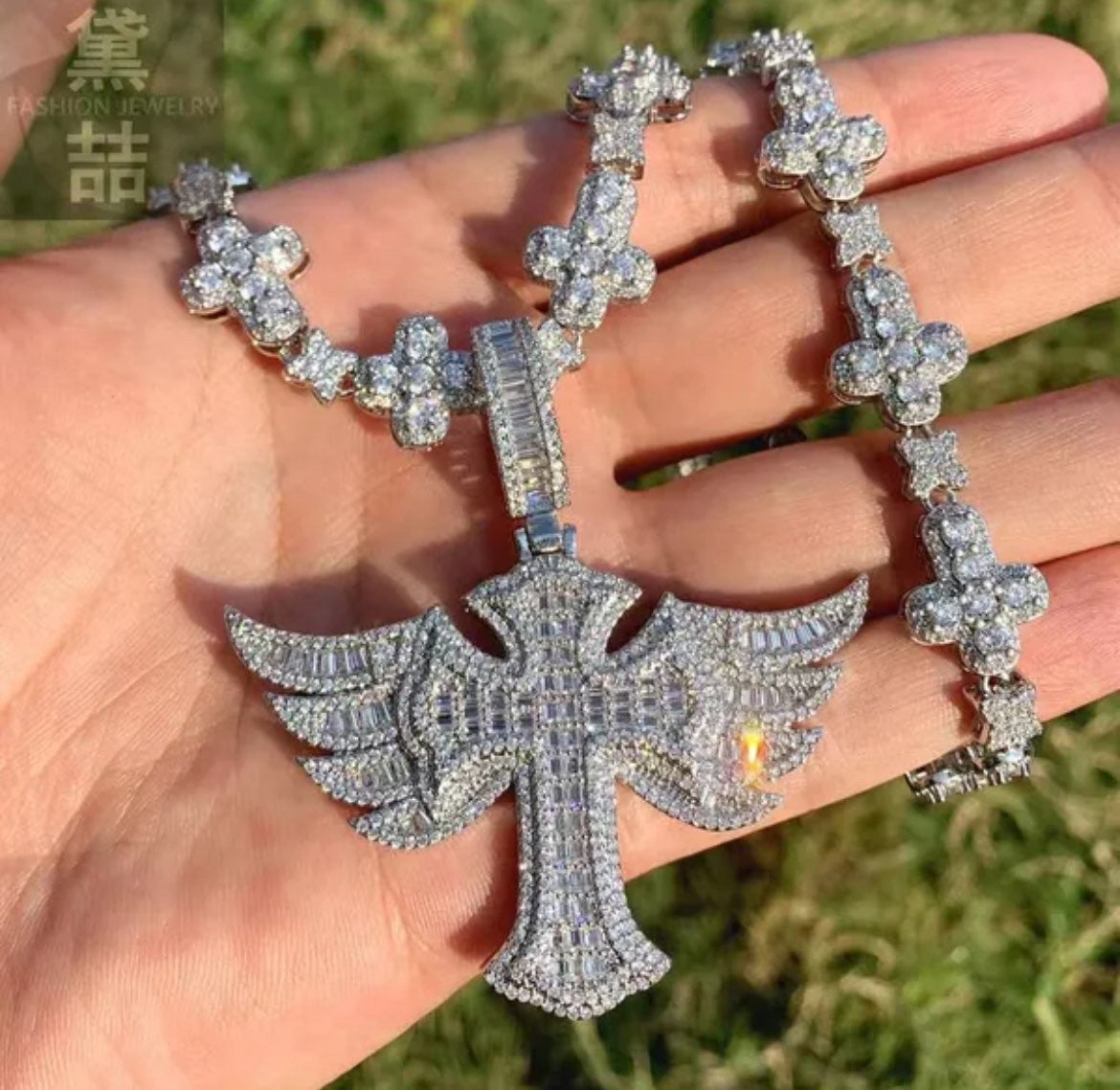 White Diamond Baguette Cross With Wings And Mini Cross Chain