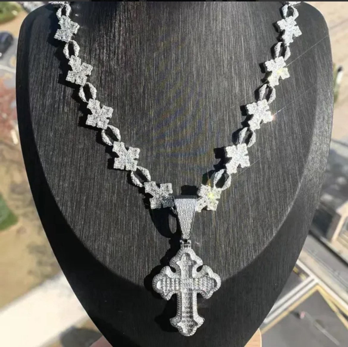 White Gold Baguette Cross with Mini Cross Chain