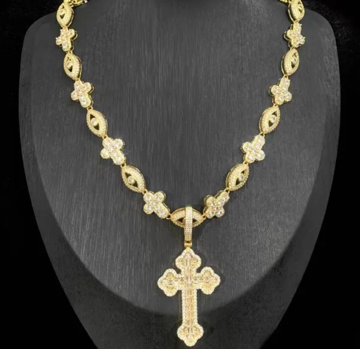 Gold Diamond Baguette Cross With Mini Cross/Eye Chain