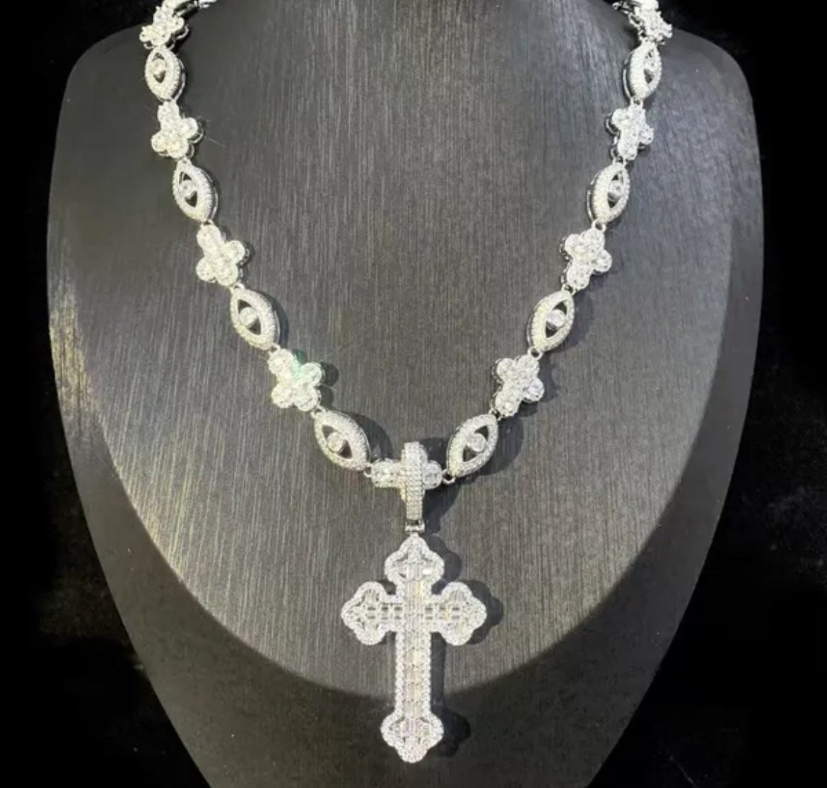 White Diamond Baguette Cross Pendant With Small Eye and Cross