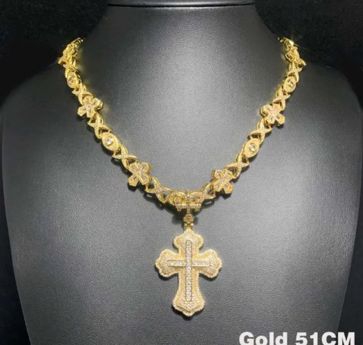 Gold Multi Layer Elite Ice Cross With Cross and Eye Chain